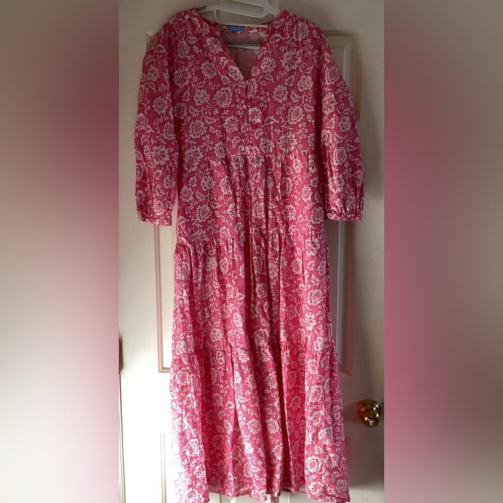 J.McLaughlin Pink White Floral Print Tiered Maxi Dress | Size S | 3/4 Sleeve